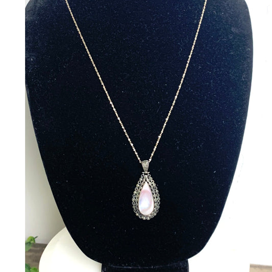 Vintage Sterling Silver Marcasite Teardrop Mother of Pearl Pendant Necklace 925