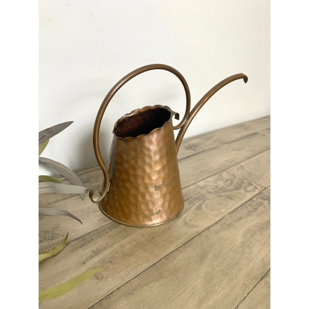 Vintage Hammered Copper Watering Can with Curved Handle and Long Spout Vase