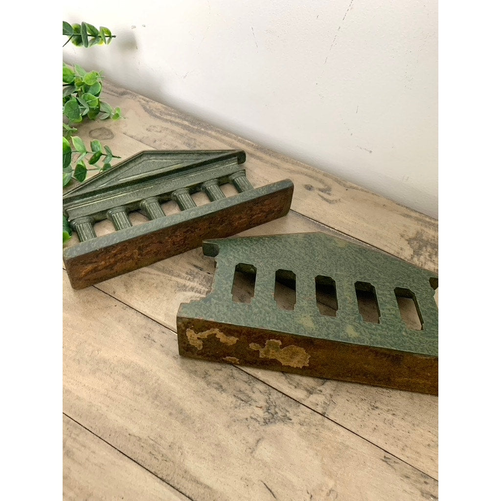 Vintage Cast Iron Greek Roman Bookends Green Greek Parthenon Columns Old Money