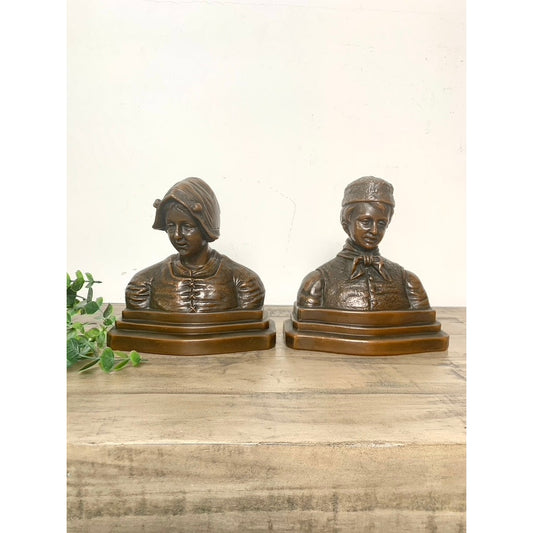 Antique Bronze Patina Dutch Couple Bookends – Folk Art Bust Pair