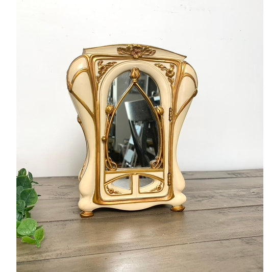 Vintage Art Nouveau Style Jewelry Cabinet with Mirrored Door Red Felt Interior Gold Romantic Feminine
