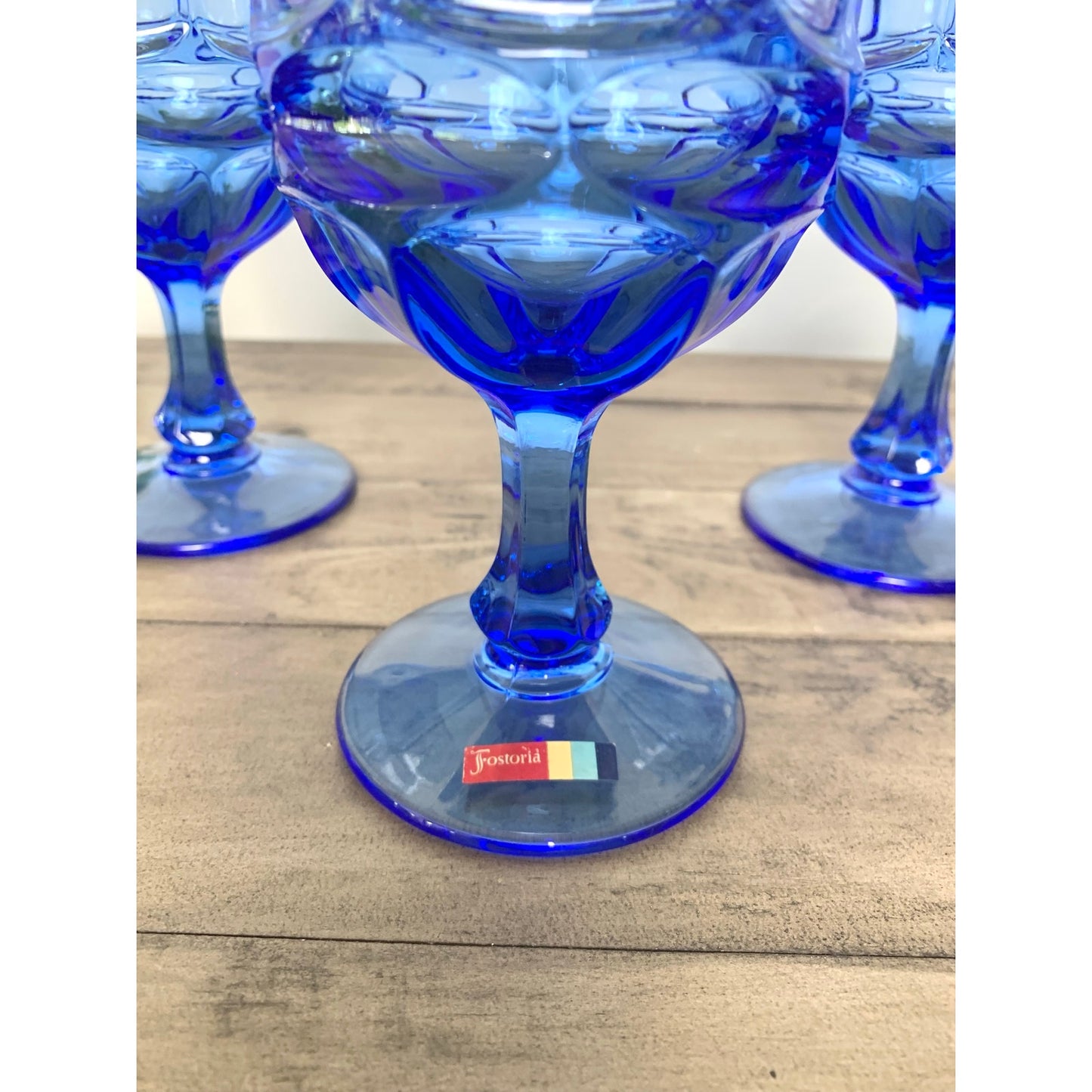 Vintage Fostoria Argus Blue Water Goblets Stem Mid Century Glassware Retro Set 4