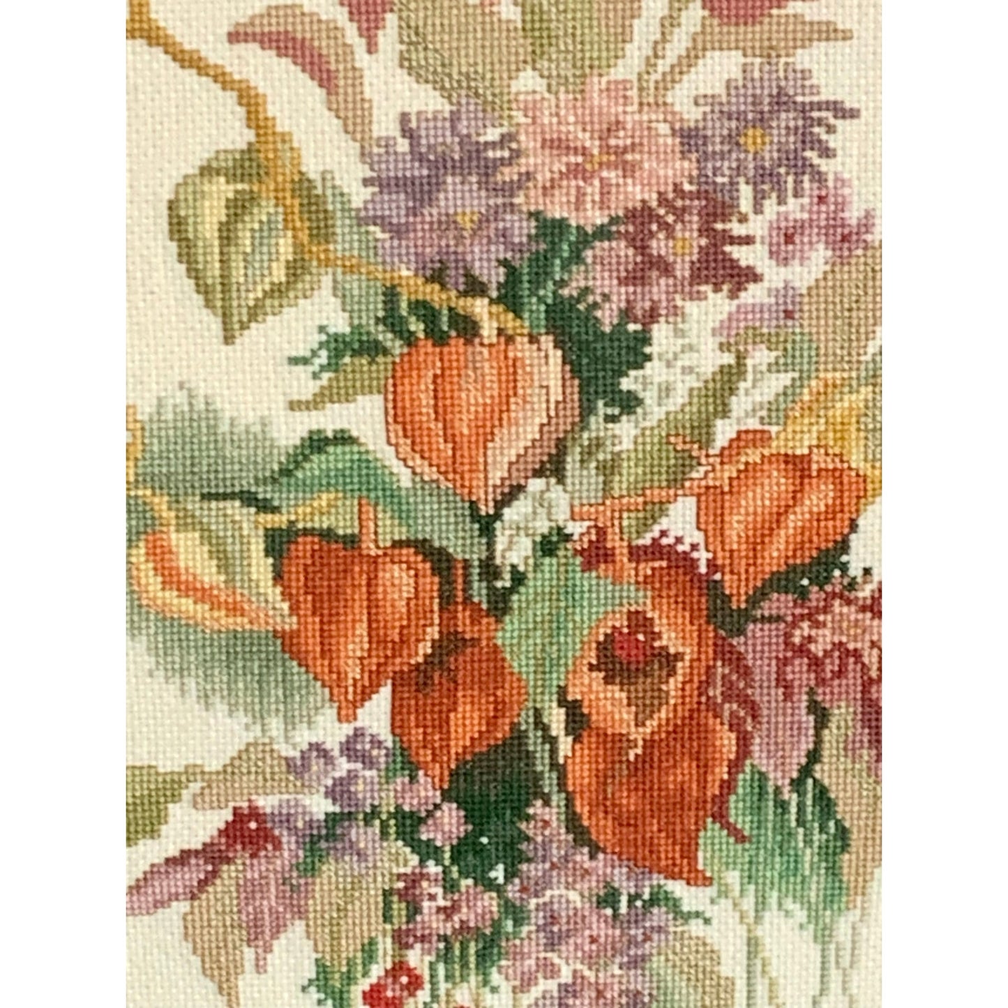 Vintage Framed Floral Needlepoint Hand Stitched Autumn Bouquet Wall Art