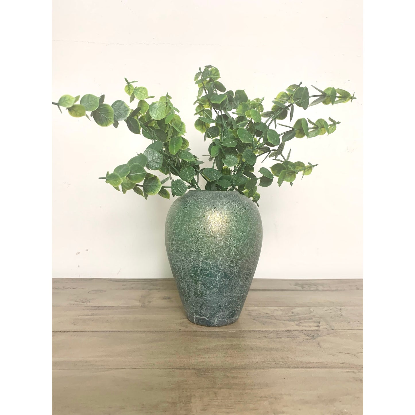 Vintage Silvestri Mouth Blown Green Crackle Iridescent Art Glass Vase 6.25 High