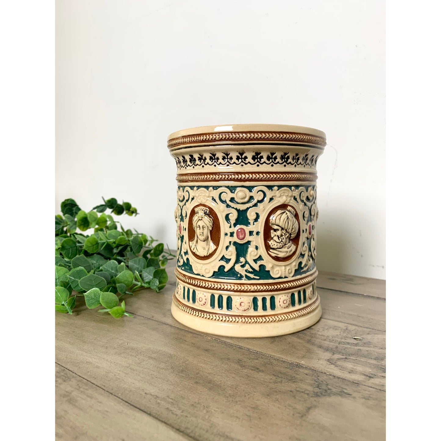 Antique German Majolica Style Pottery Jardiniere Crock Tobacco Jar Humidor