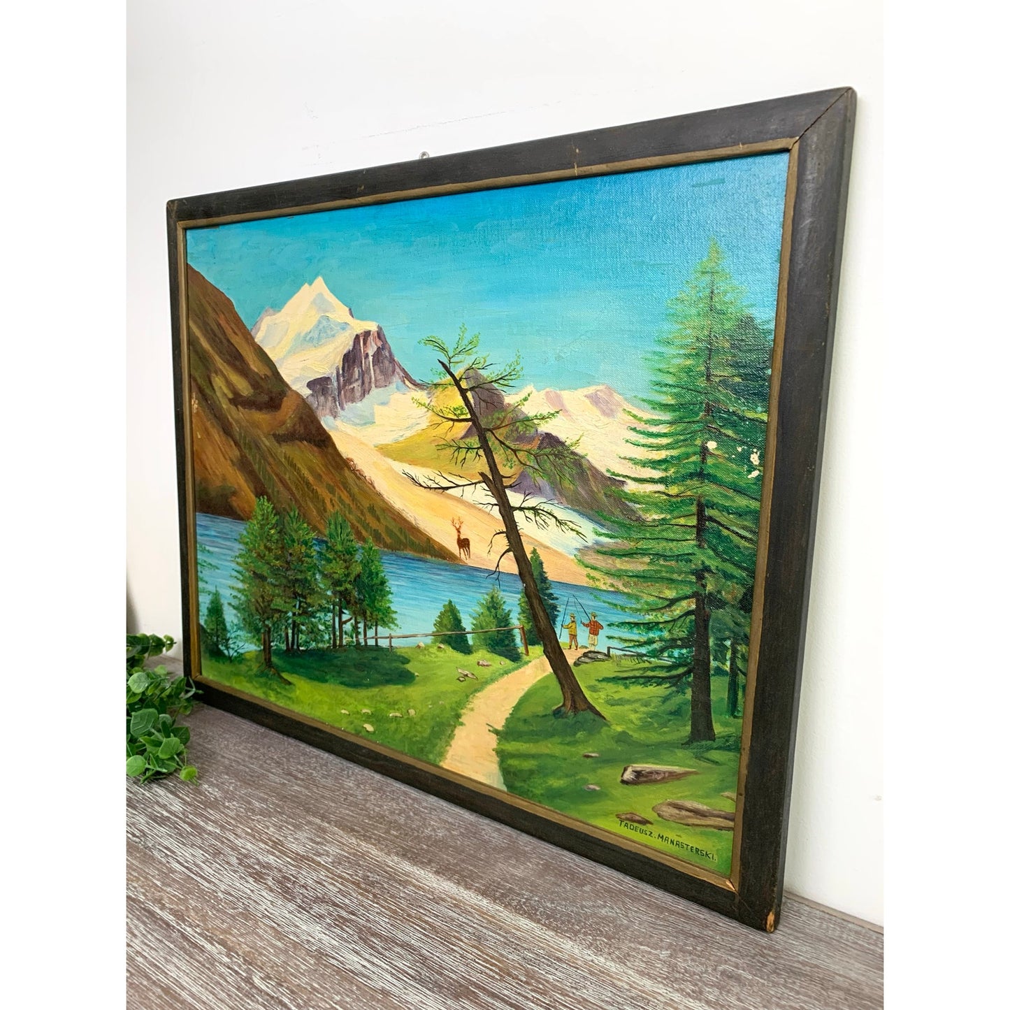 Vintage Alpine Landscape Oil Painting Signed Framed Mountain Lake Nature Cottage