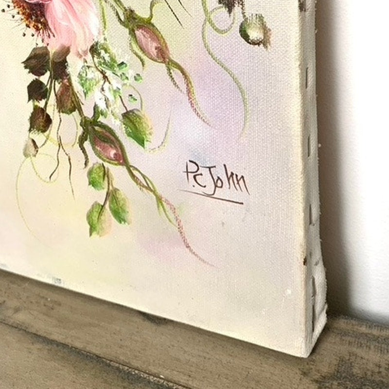 Vintage Floral Oil Painting on Canvas Signed by P. John, 16x8, Pink Floral