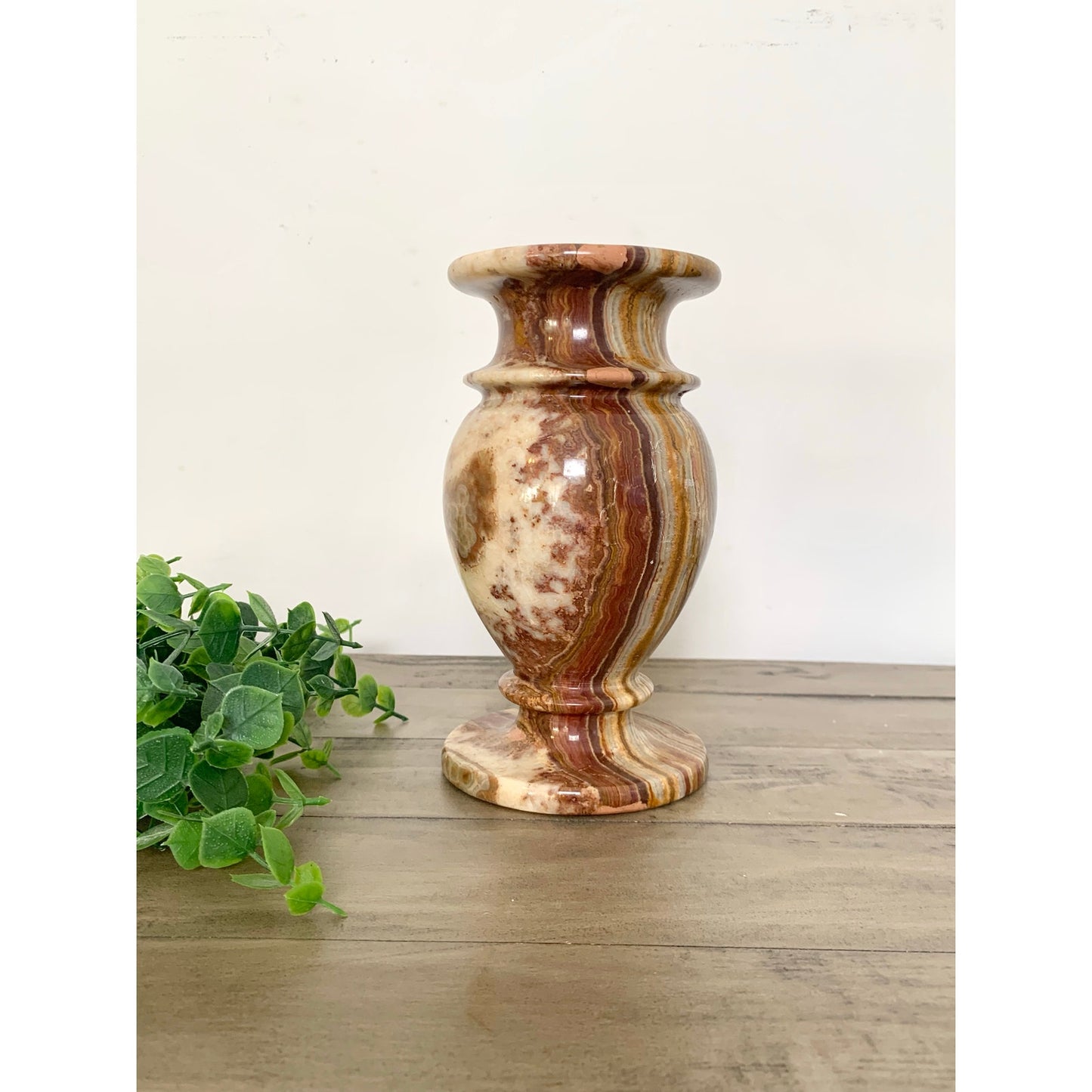 Vintage Polished Onyx Stone Vase Natural Striped Marble Pattern Earthy Boho Urn