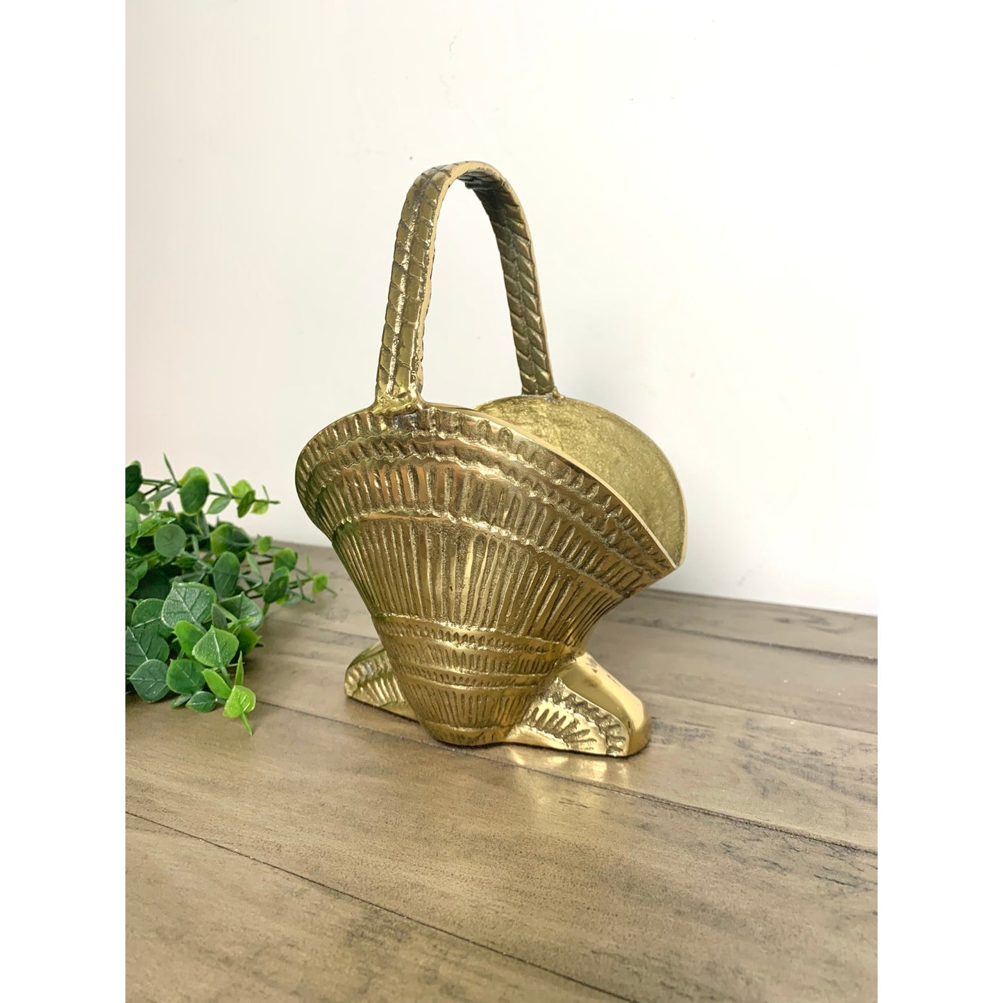 Vintage Solid Brass Seashell Basket Planter with Handle Heavy Coastal Nautical