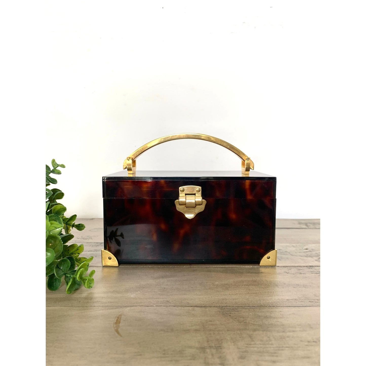 Vintage Saks Fifth Avenue Faux Tortoiseshell Lucite Box Brass Jewelry Storage