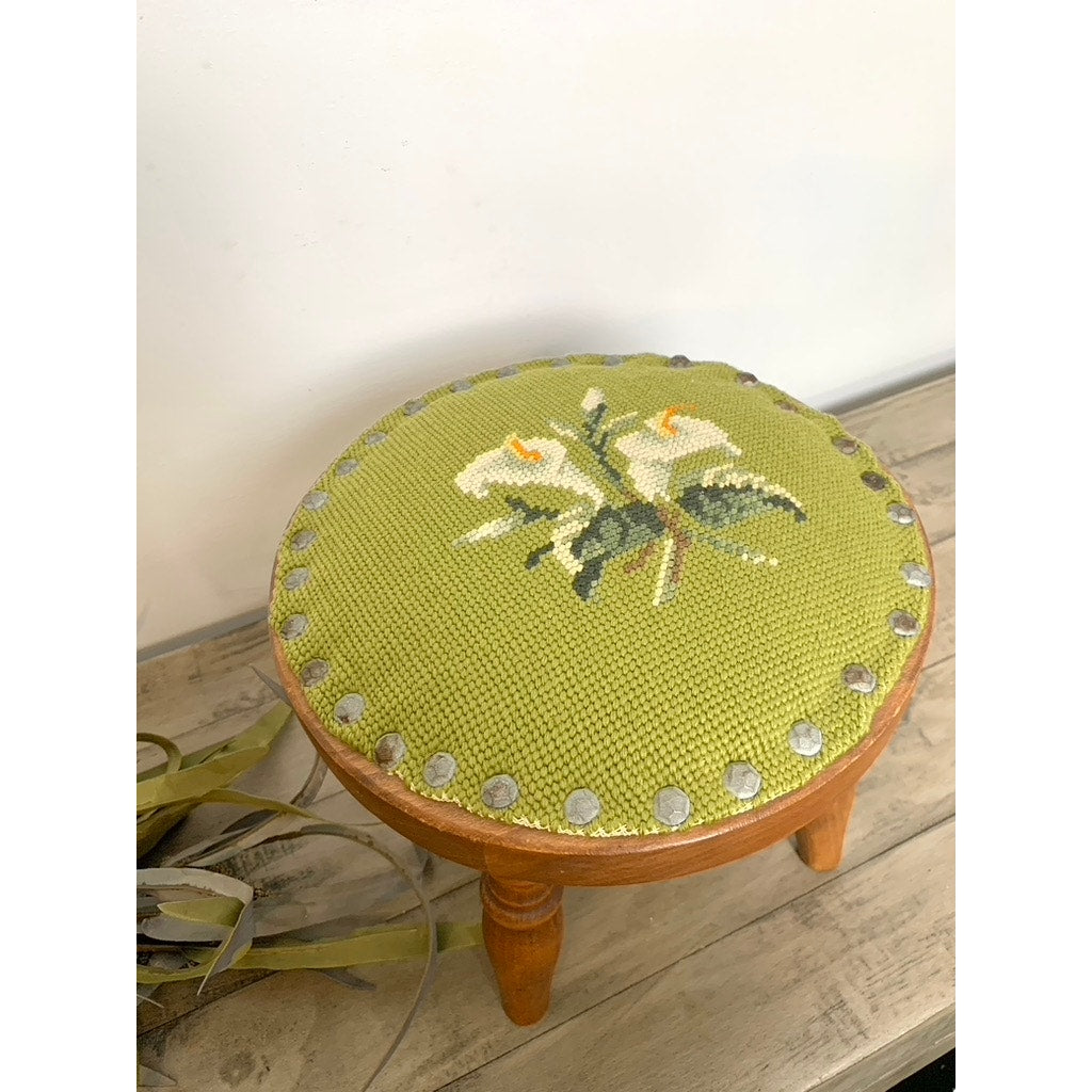 Vintage Floral Needlepoint Wood Footstool Green Wool Top Nailhead Trim Cottage
