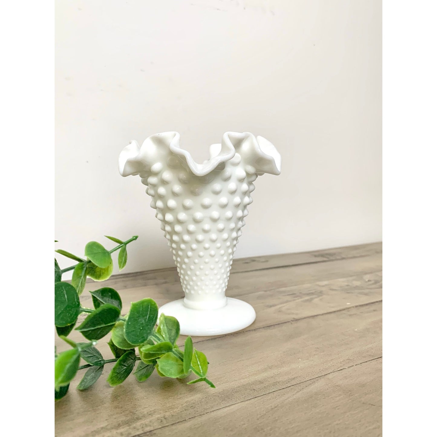 Vintage Fenton Hobnail Milk Glass Pedestal Vase with Fluted Rim Small White Vase