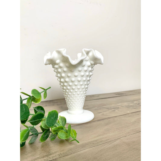 Vintage Fenton Hobnail Milk Glass Pedestal Vase with Fluted Rim Small White Vase