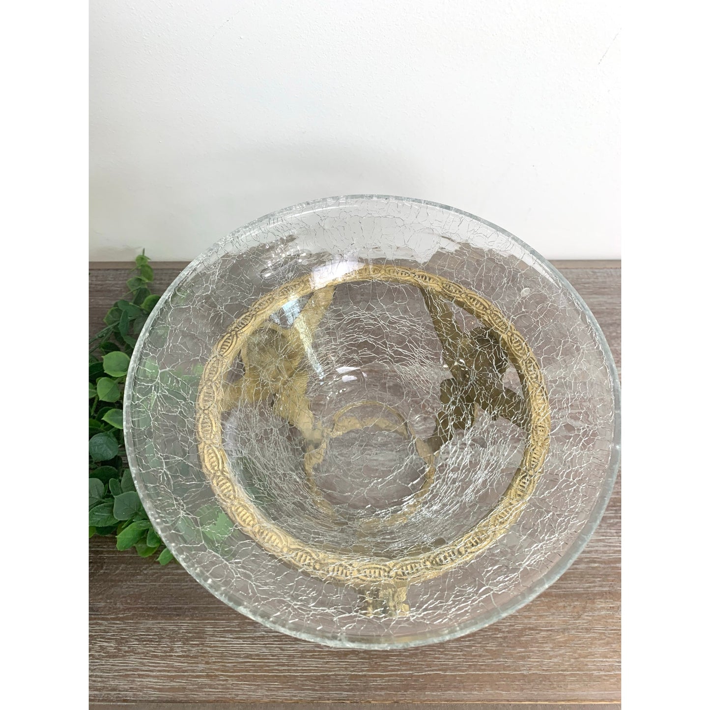 Vintage Brass Pedestal with Crackle Glass Bowl Angel Cherub Candle Votive Vase