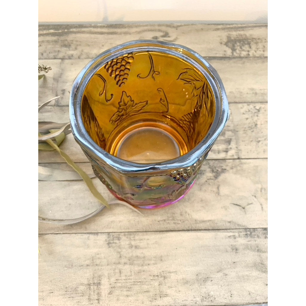 Vintage Iridescent Carnival Glass Votive Holder with Grape & Leaf Motif Marigold