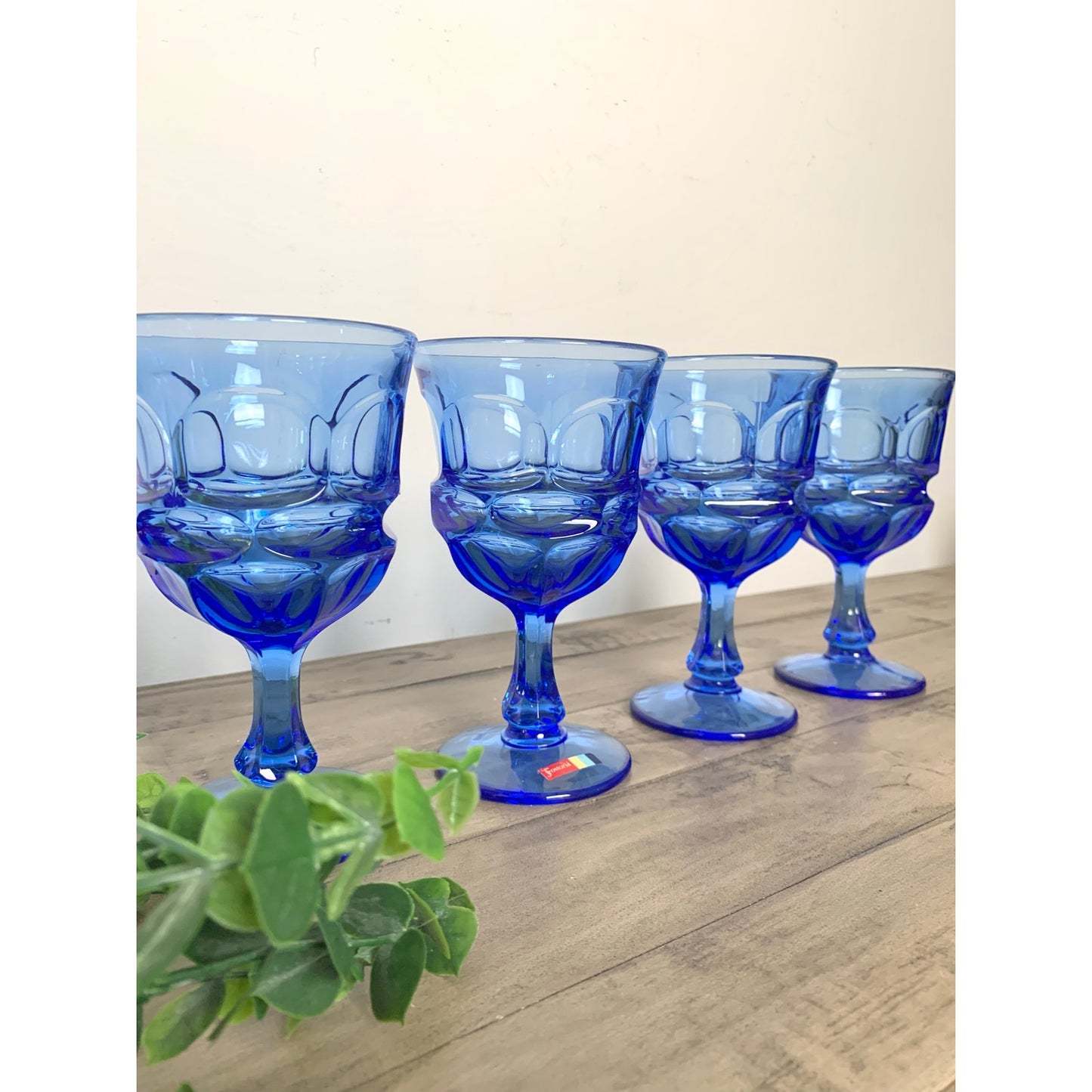Vintage Fostoria Argus Blue Water Goblets Stem Mid Century Glassware Retro Set 4