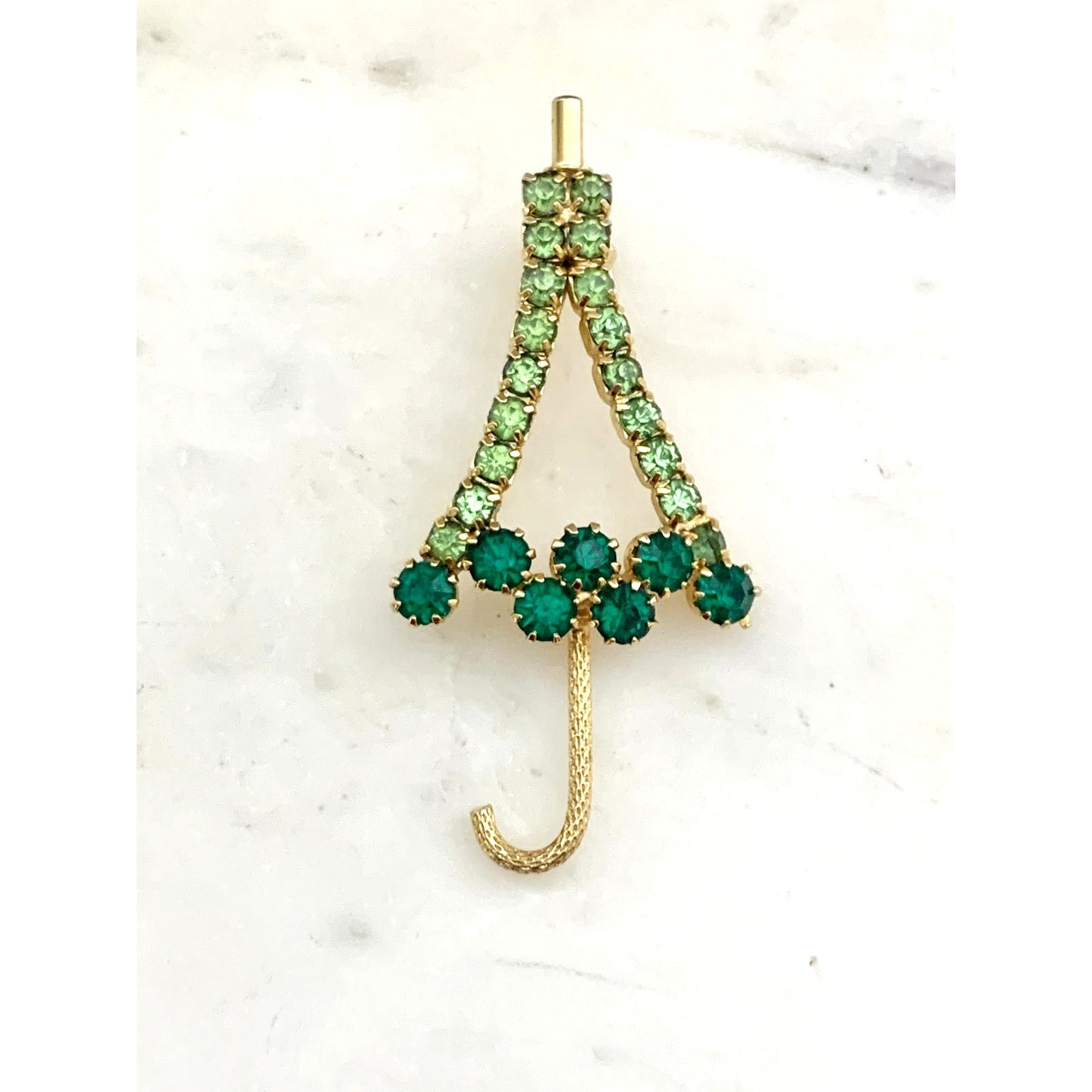 Vintage Green Rhinestone Umbrella Brooch Gold Tone Costume Jewelry Pin Sparkling Emerald Green