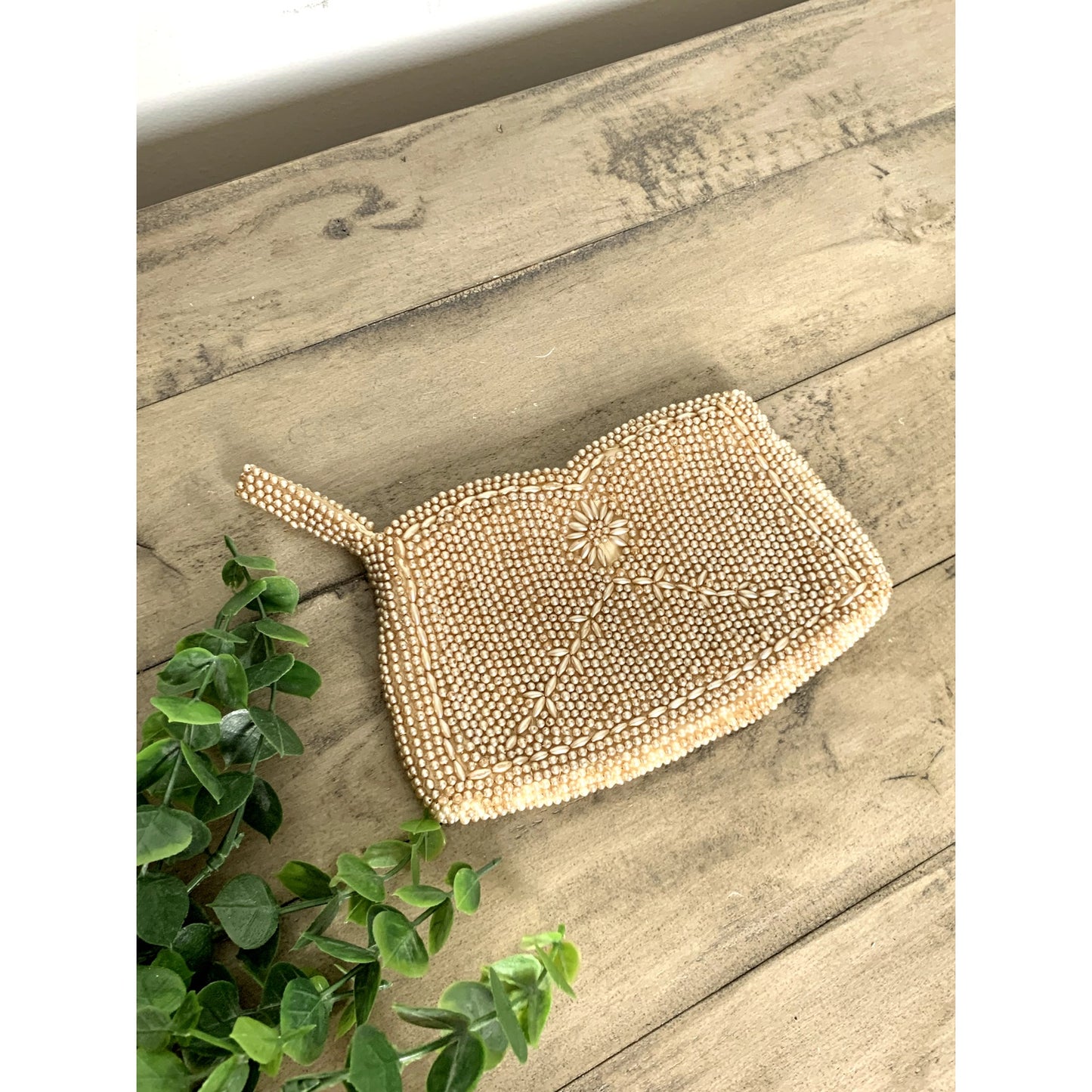 Vintage Beaded Faux Pearl Evening Bag Wristlet Clutch Purse Romantic Glam Boho