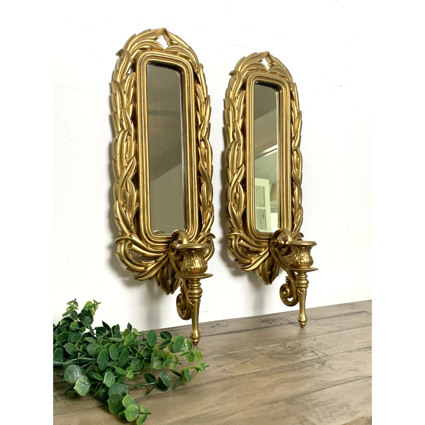 Vintage Burwood Gold Wall Mirror Sconces Ornate Hollywood Regency 1980 Glam Boho