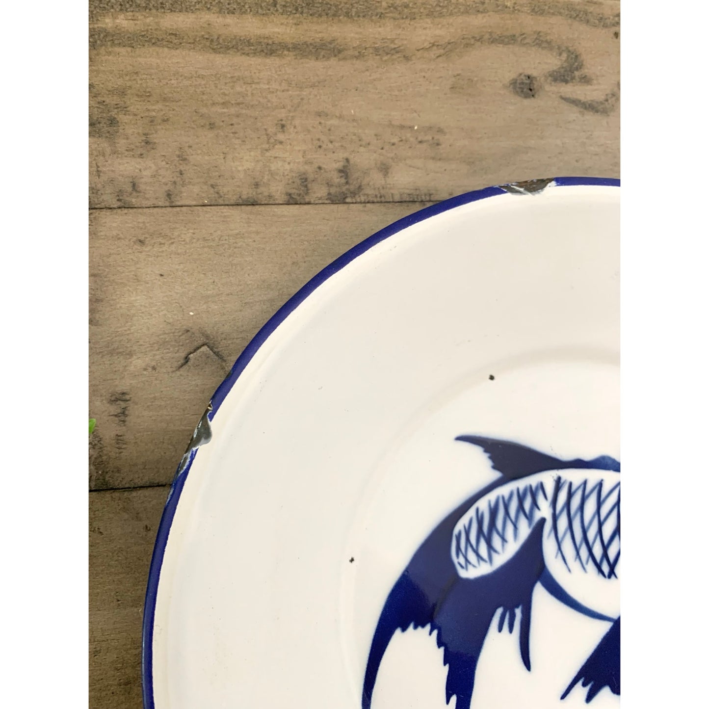 Vintage Butterfly Brand Enamelware Plate Blue Koi Fish Farmhouse Chinoiserie