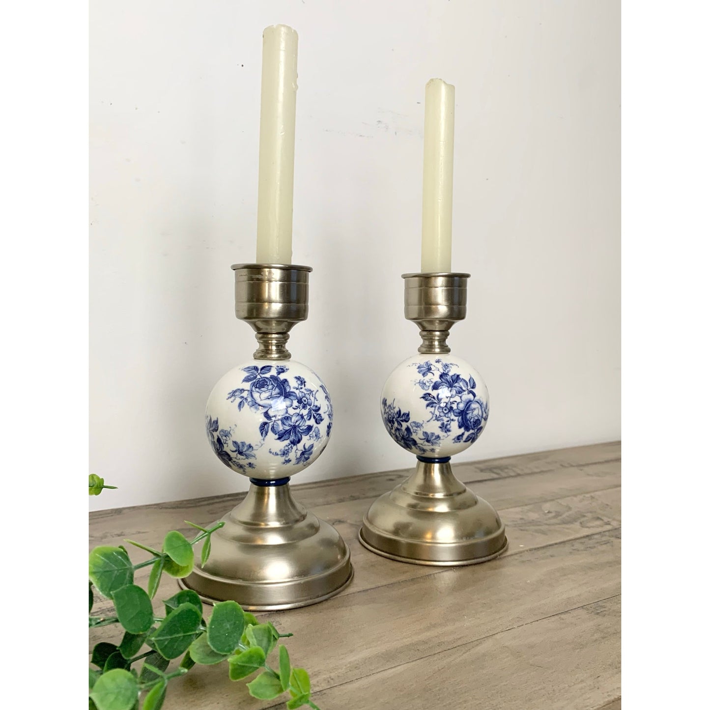 Vintage Blue & White Floral Porcelain and Pewter Candlestick Holders Set of 2