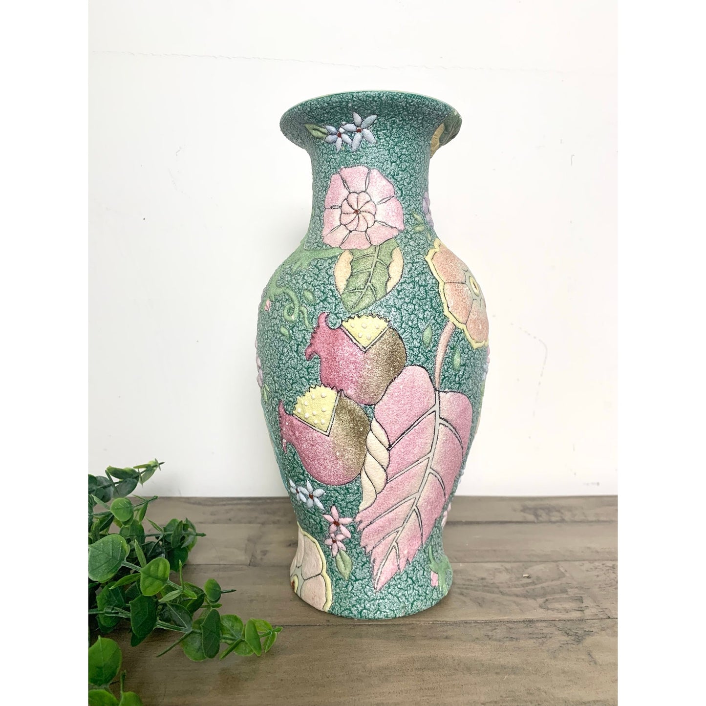 Vintage Chinese High-Relief Textured Ceramic Vase Floral & Fruit Chinoiserie 12"