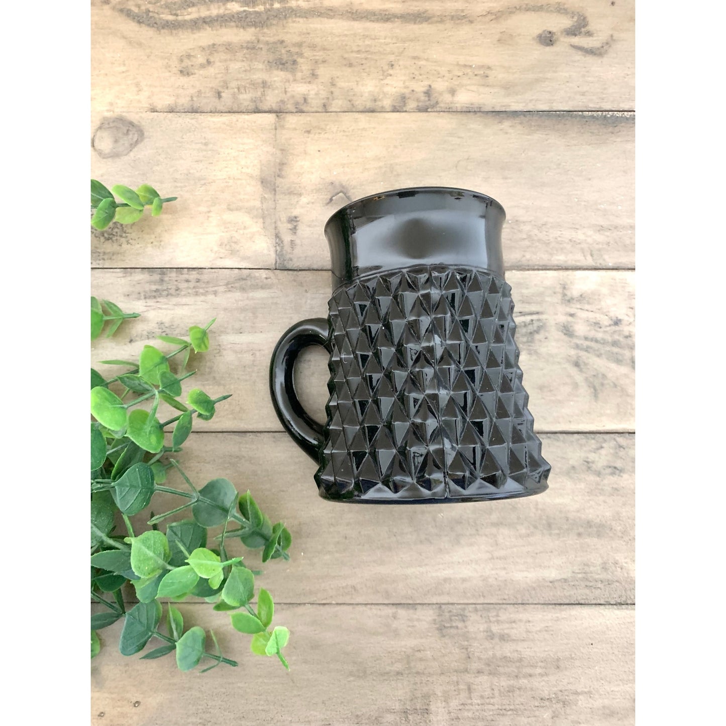 Vintage Indiana Glass Tiara Black Glass Mug with Diamond Point Mid Century Modern Coffee Cup Retro