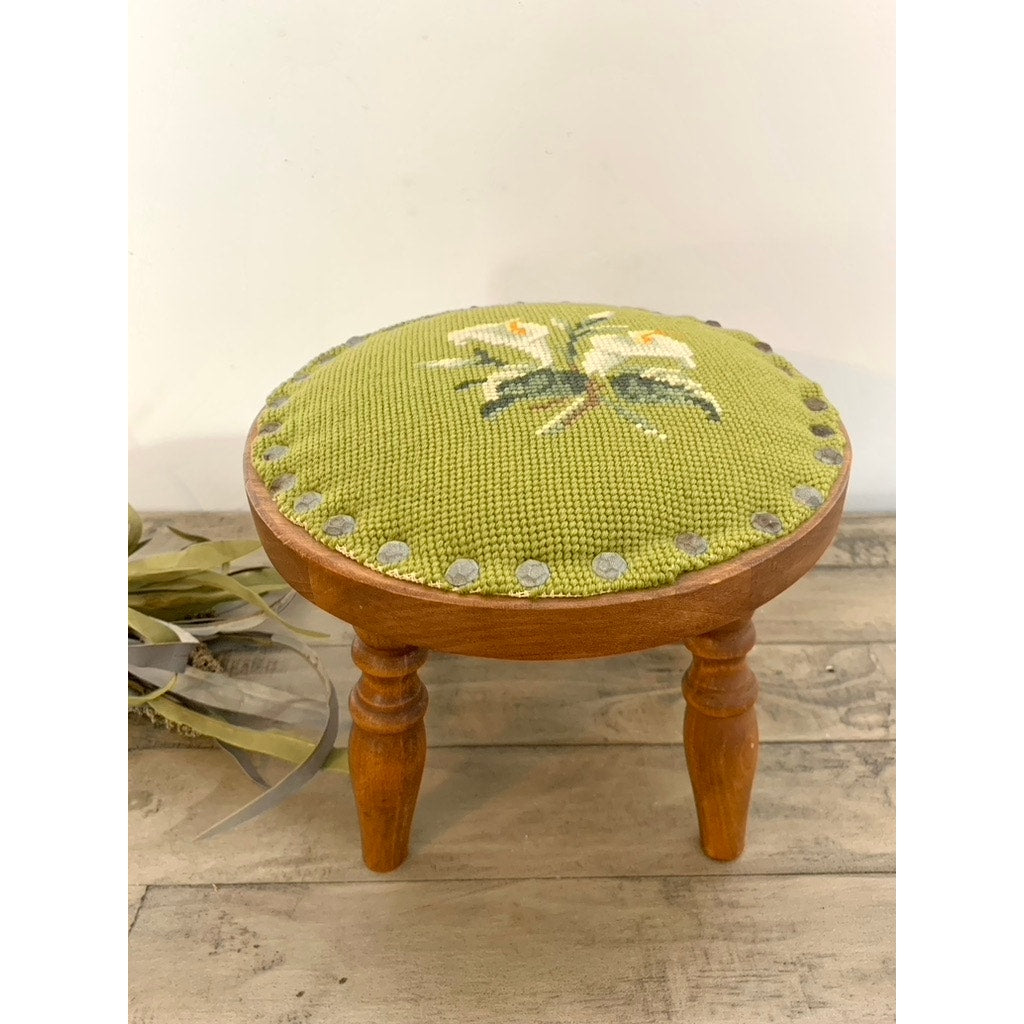 Vintage Floral Needlepoint Wood Footstool Green Wool Top Nailhead Trim Cottage