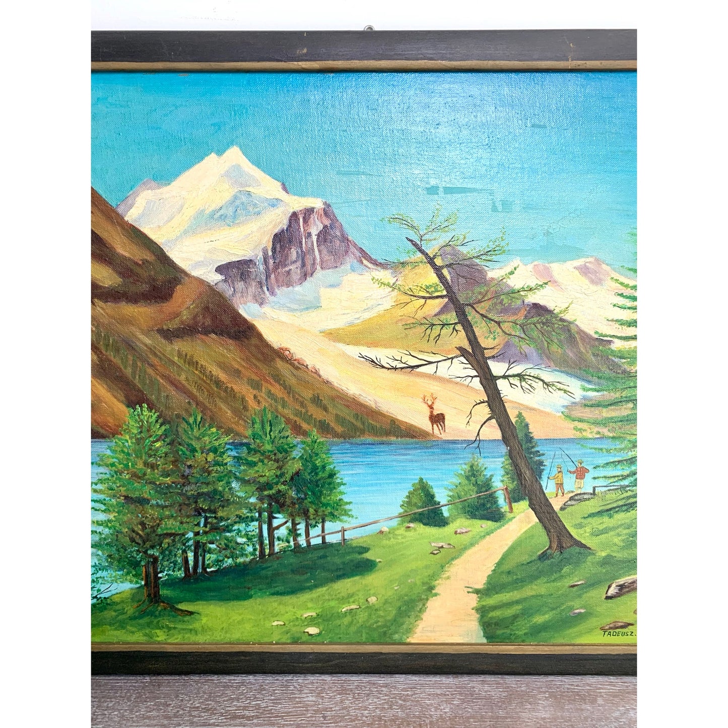 Vintage Alpine Landscape Oil Painting Signed Framed Mountain Lake Nature Cottage