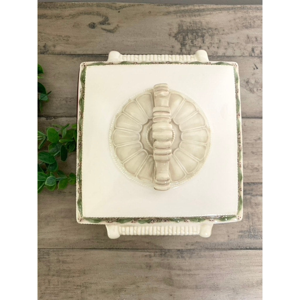 Vintage Ceramic Christmas Lidded Serving Dish with Holly Trim Holiday Tableware