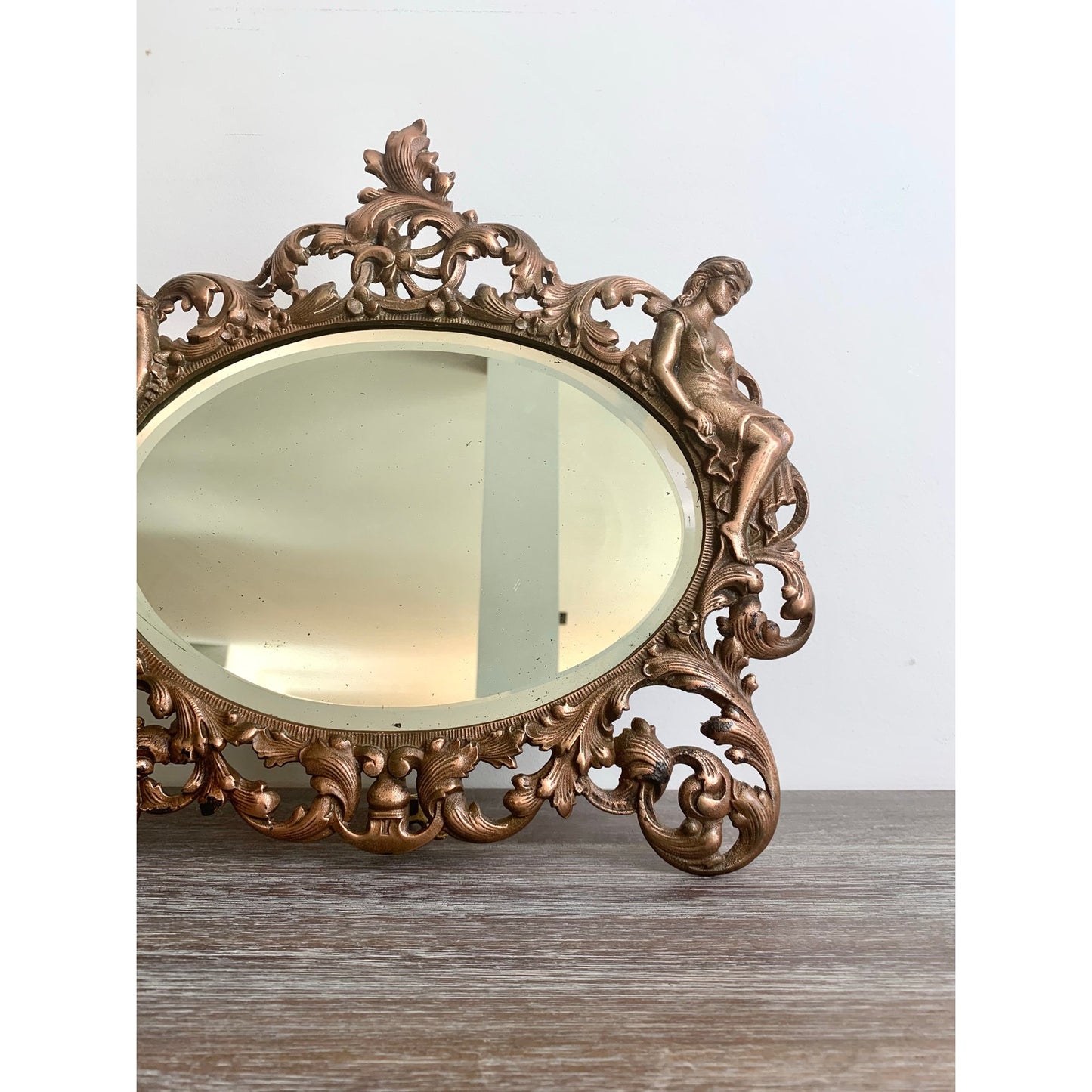 Vintage Art Nouveau Style Cast Iron Vanity Mirror with Kickstand Ornate Figural