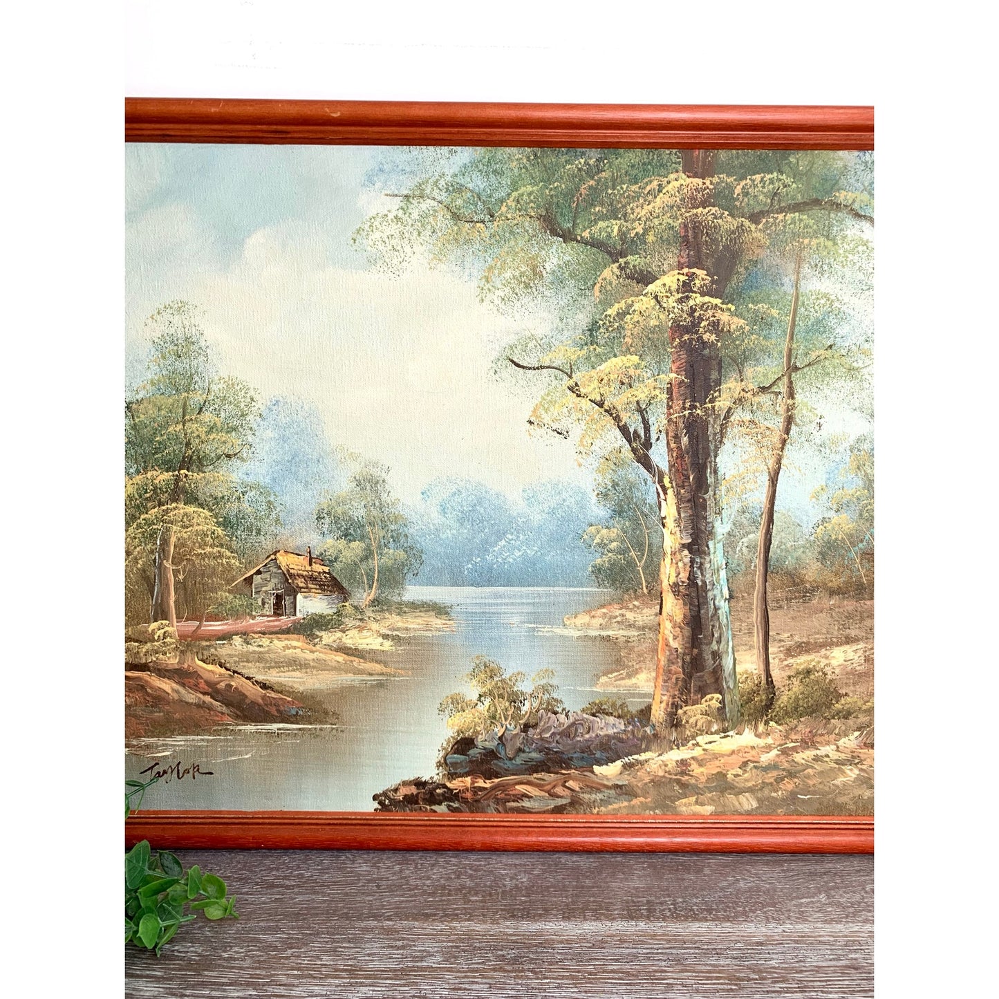 Vintage Riverside Landscape Oil Painting by Taylor Signed Framed Nature Scene