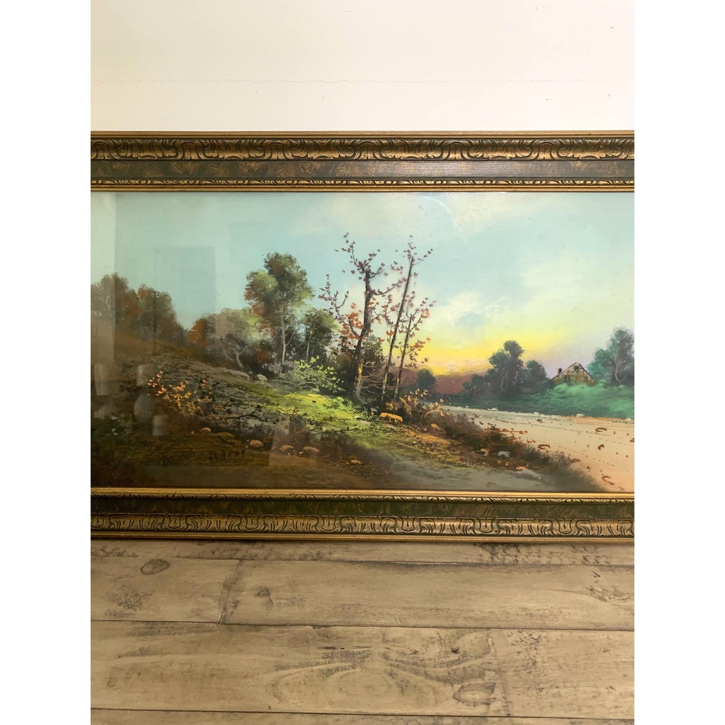 Vintage Pastel Landscape Painting Signed Elande, Framed Countryside Scene
