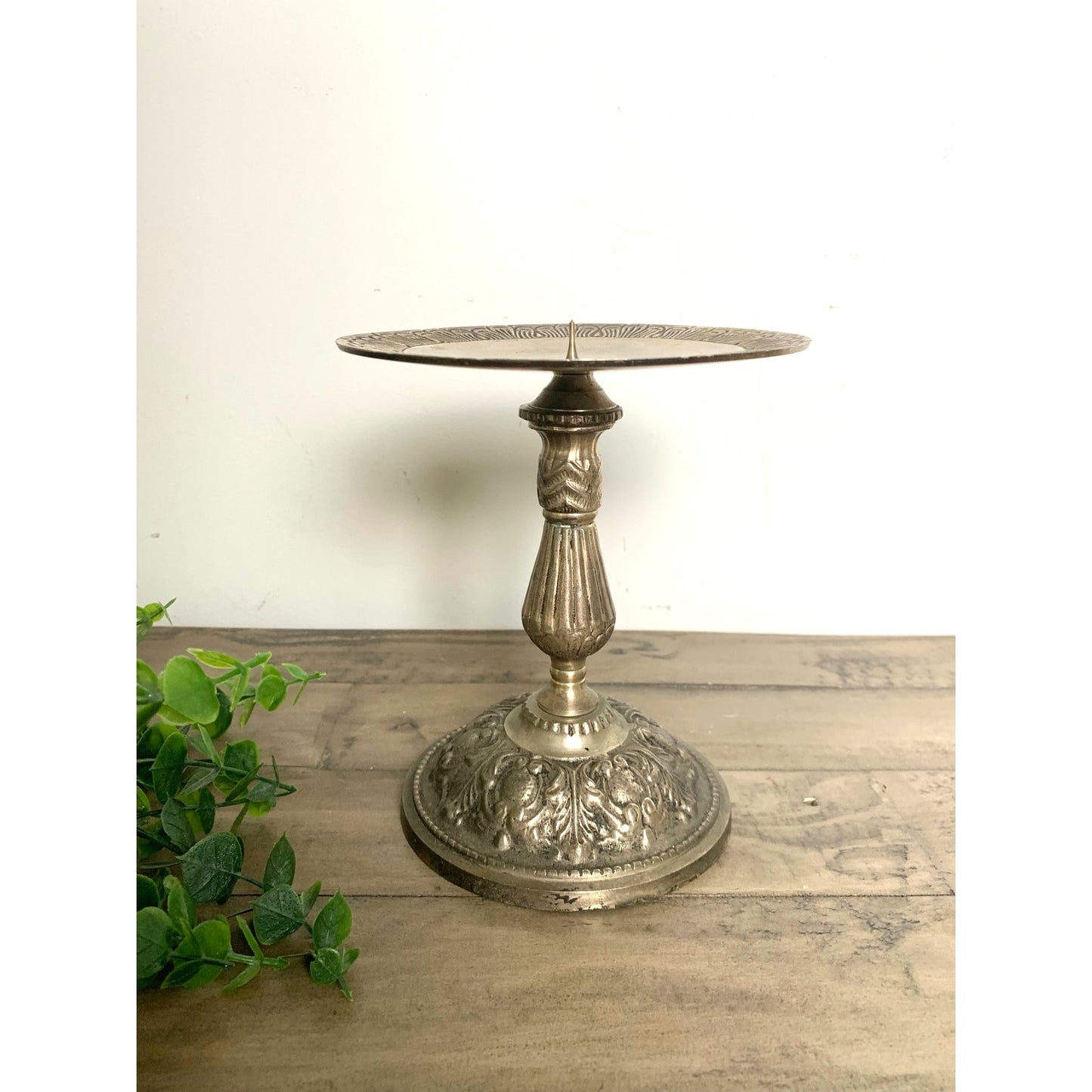Vintage Ornate Metal Pedestal Candle Holder Pillar Stand with Floral Design