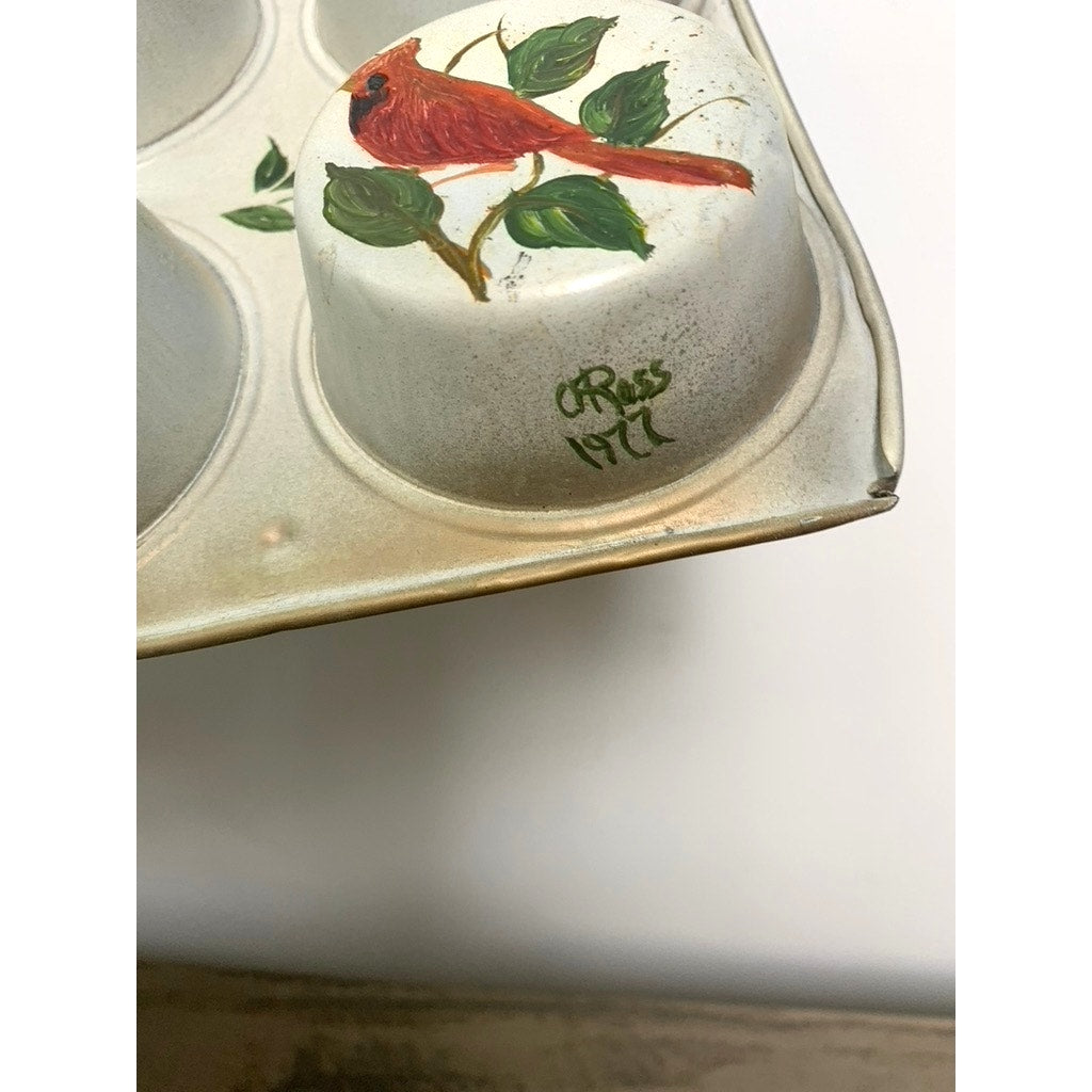 Vintage Hand Painted Cupcake Tin Wall Art, Signed 1977, Botanical and Bird Scenes
