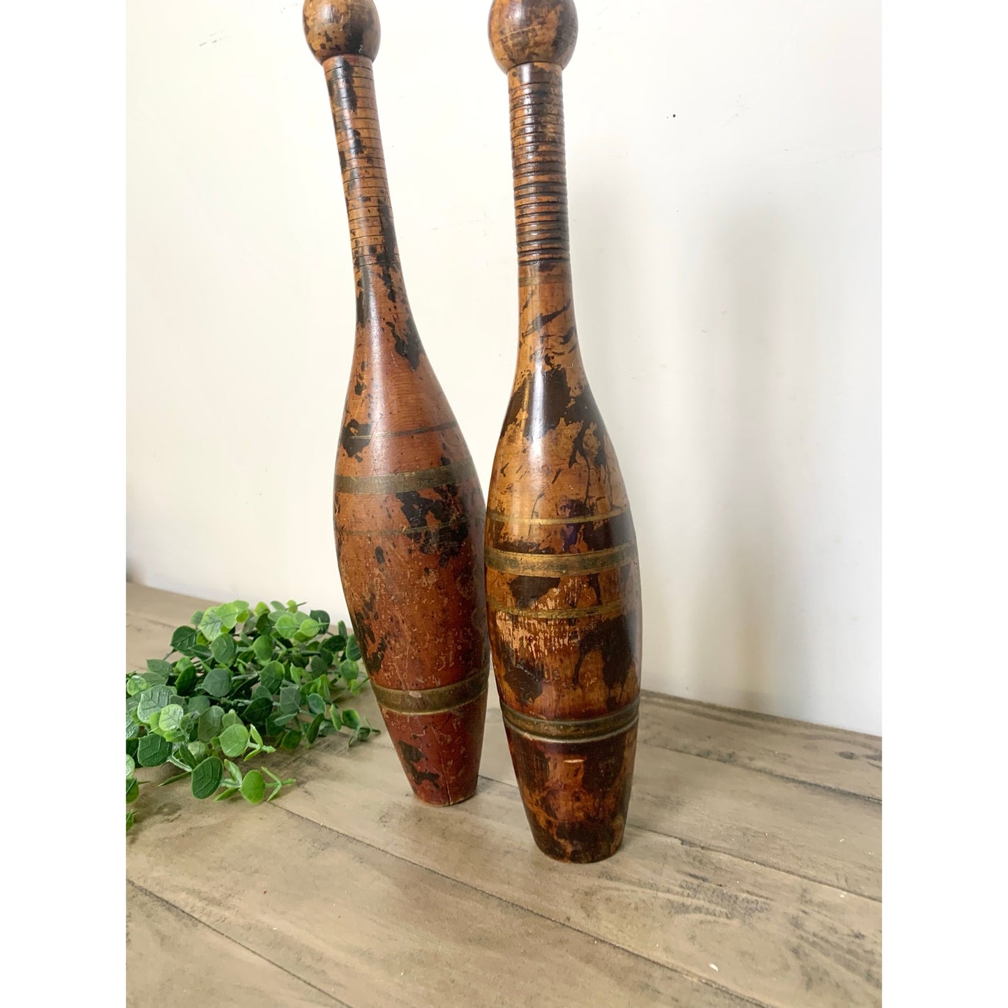Antique Wooden Indian Clubs Rustic Decorative Skittles Pair Pins Old Money Aged