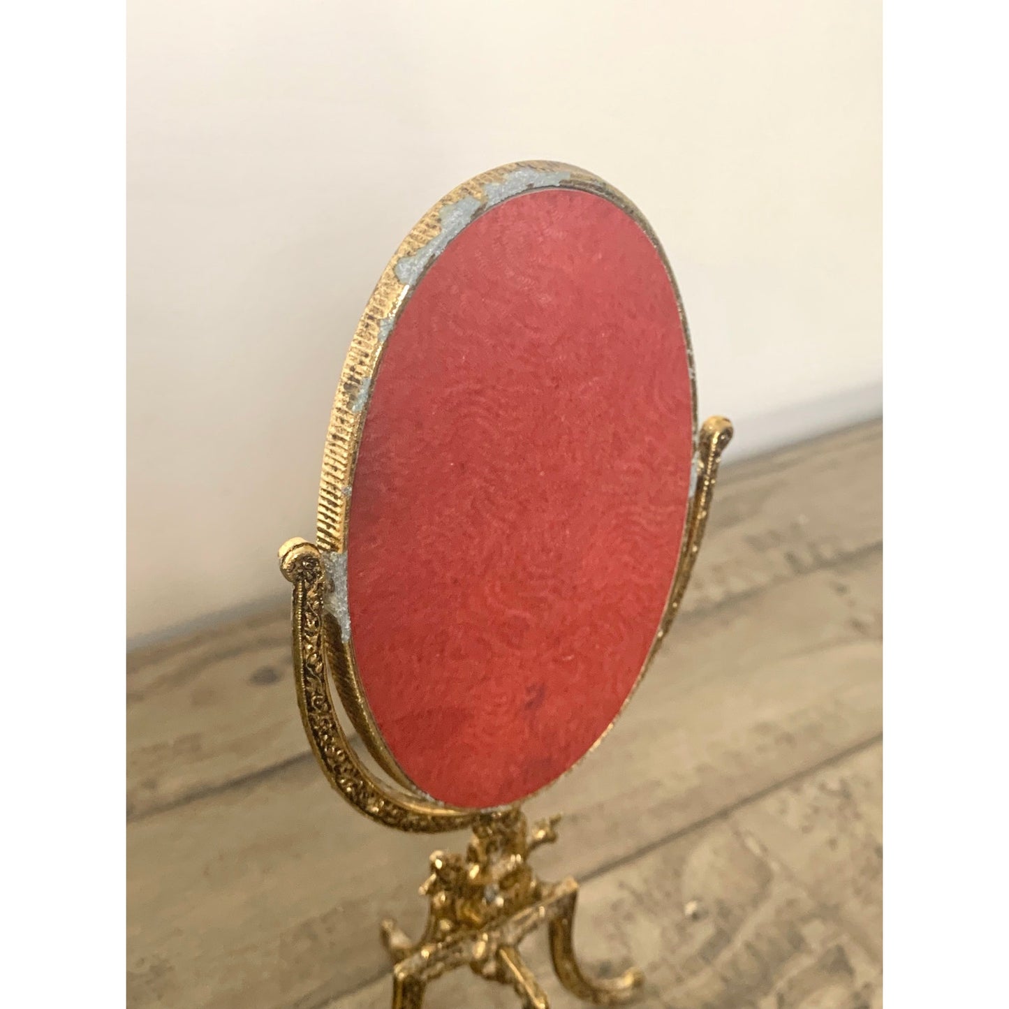 Vintage Gold Metal Tabletop Vanity Mirror Ornate Cherub Hollywood Regency Gilt