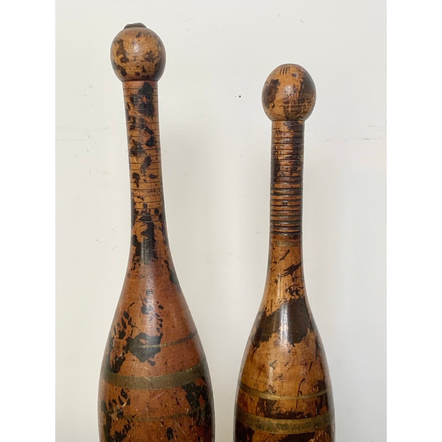 Antique Wooden Indian Clubs Rustic Decorative Skittles Pair Pins Old Money Aged