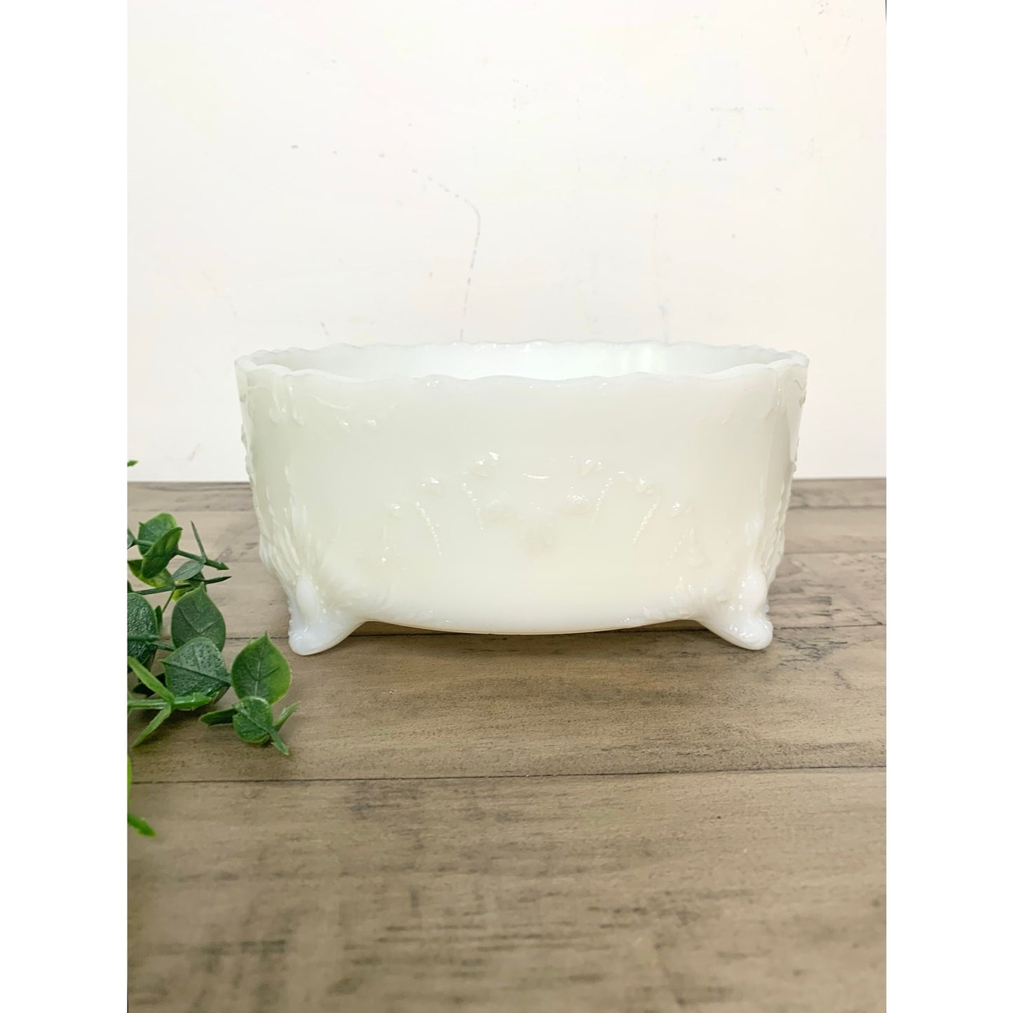 Vintage Milk Glass Footed Bowl Embossed White Centerpiece Dish Cottage Shabby