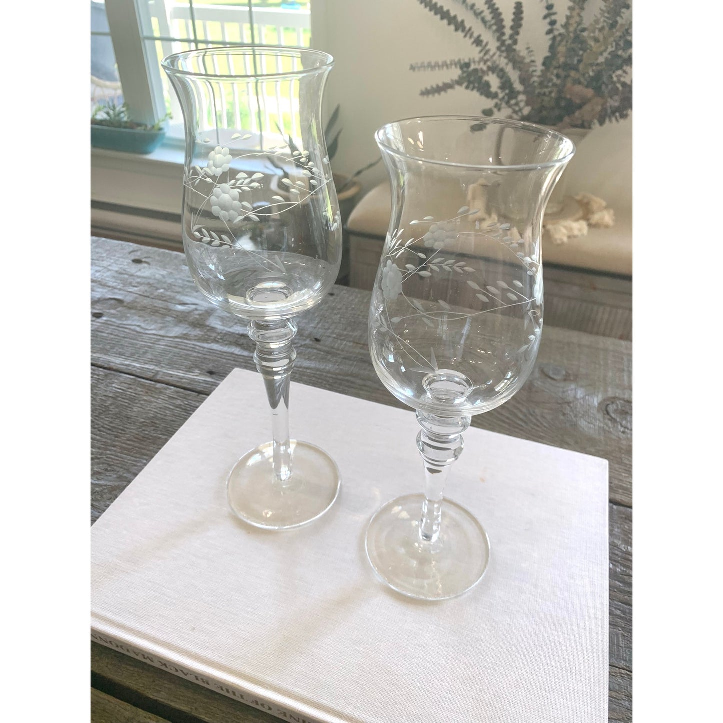 Vintage Princess House Etched Glass Hurricane Candle Holders – Floral Design, Set of 2