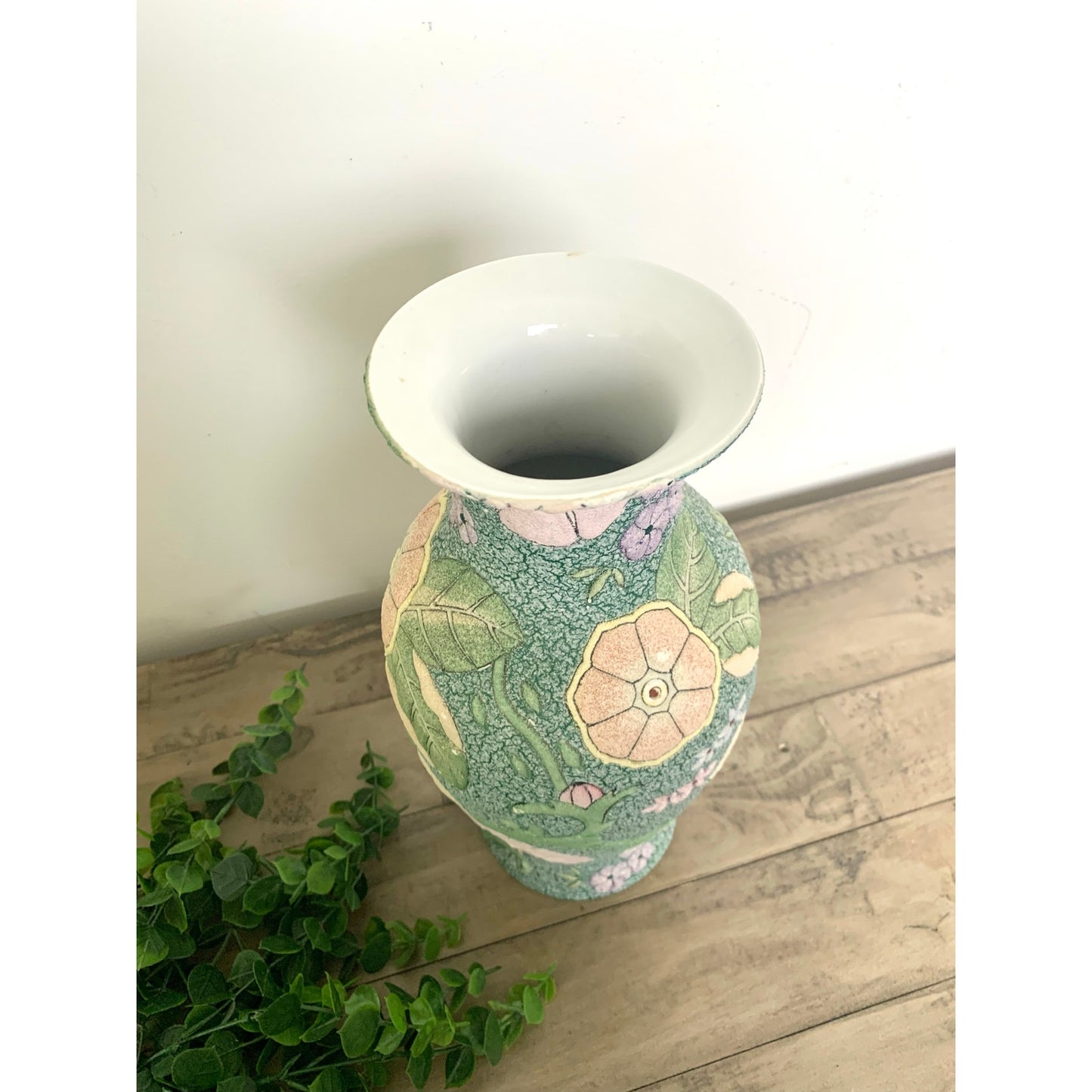 Vintage Chinese High-Relief Textured Ceramic Vase Floral & Fruit Chinoiserie 12"