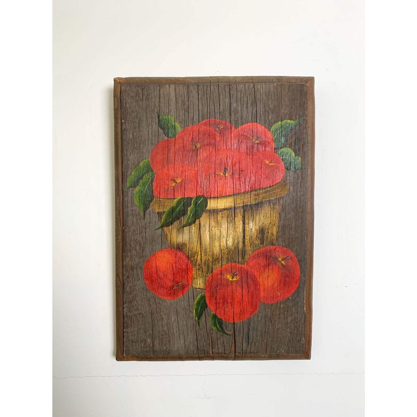 Vintage 1971 Hand-Painted Wooden Painting Apples in Basket Rustic Farmhouse Art