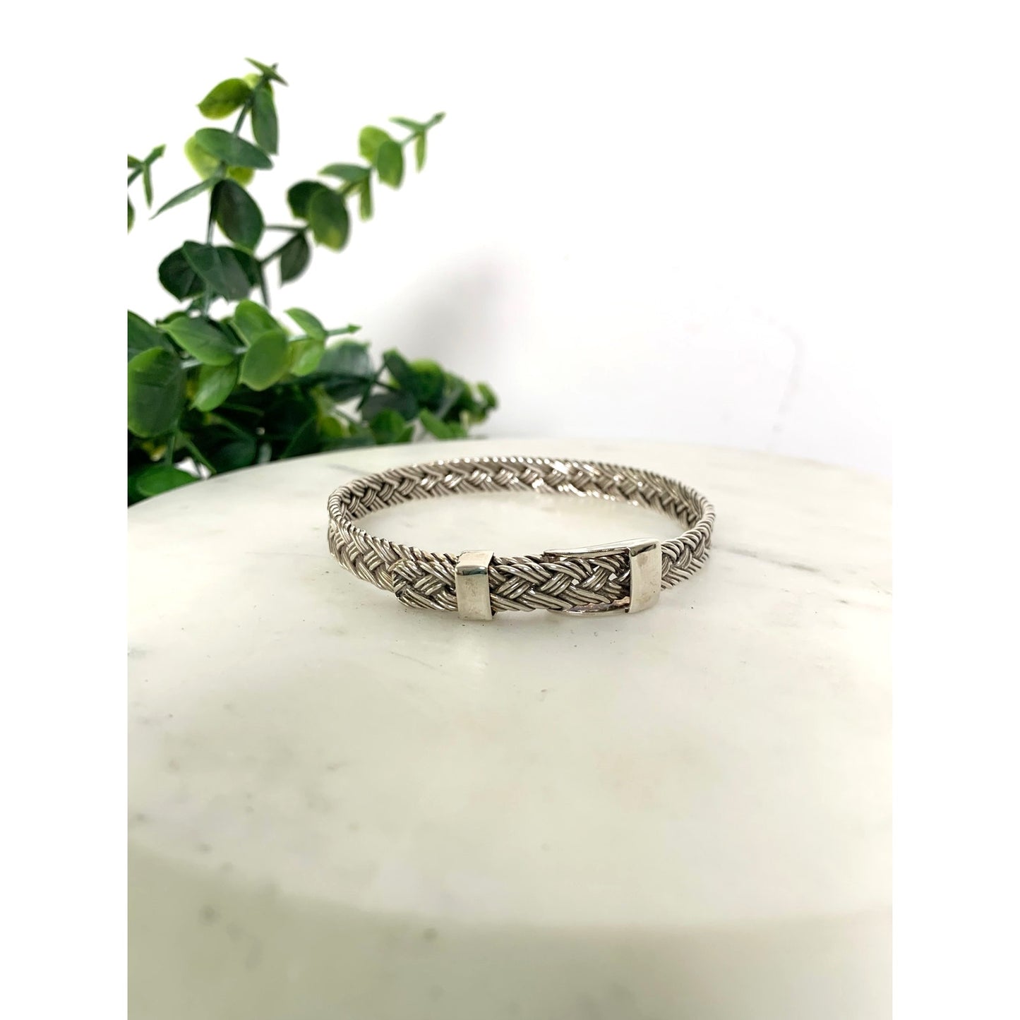 Vintage Sterling Silver Belt Buckle Bangle Bracelet Woven Design 925 Adjustable