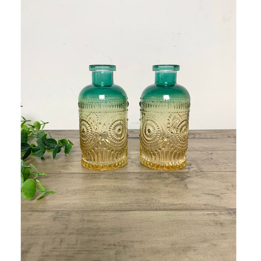 Vintage Style Ombre Green Amber Glass Bud Vase Set Pair Textured Boho Coastal