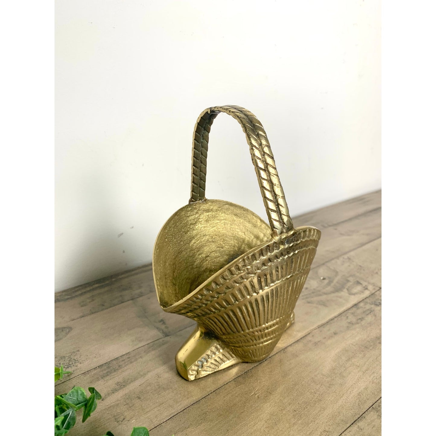 Vintage Solid Brass Seashell Basket Planter with Handle Heavy Coastal Nautical