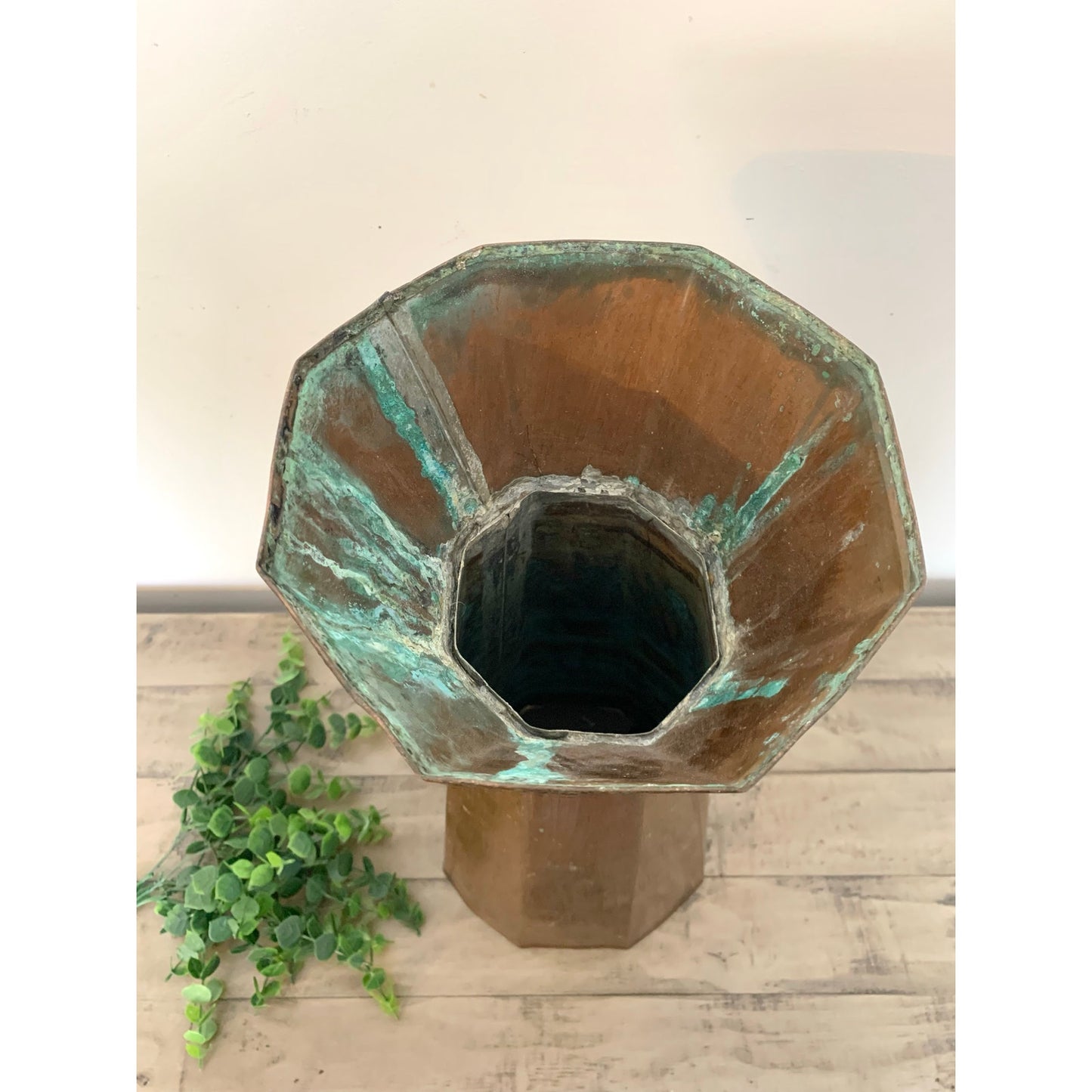 Vintage Copper Vase with Natural Verdigris Patina Large Statement Vessel Rustic