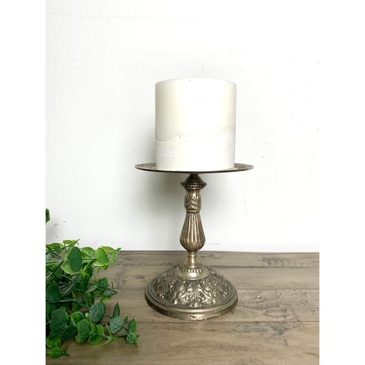Vintage Ornate Metal Pedestal Candle Holder Pillar Stand with Floral Design