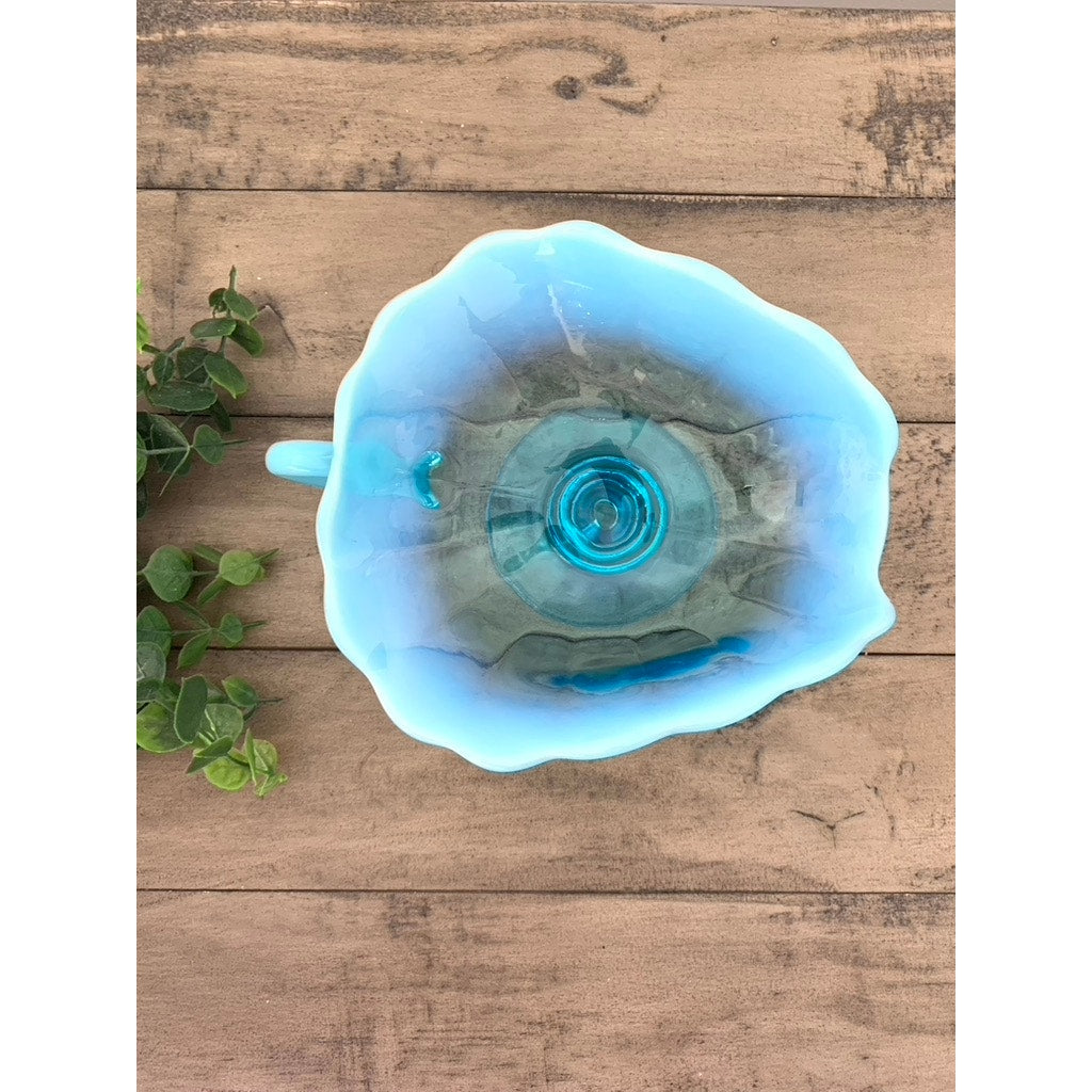 Vintage Dugan Opalescent Blue Glass Nappy Dish Aqua Pedestal Bowl Cottage Boho