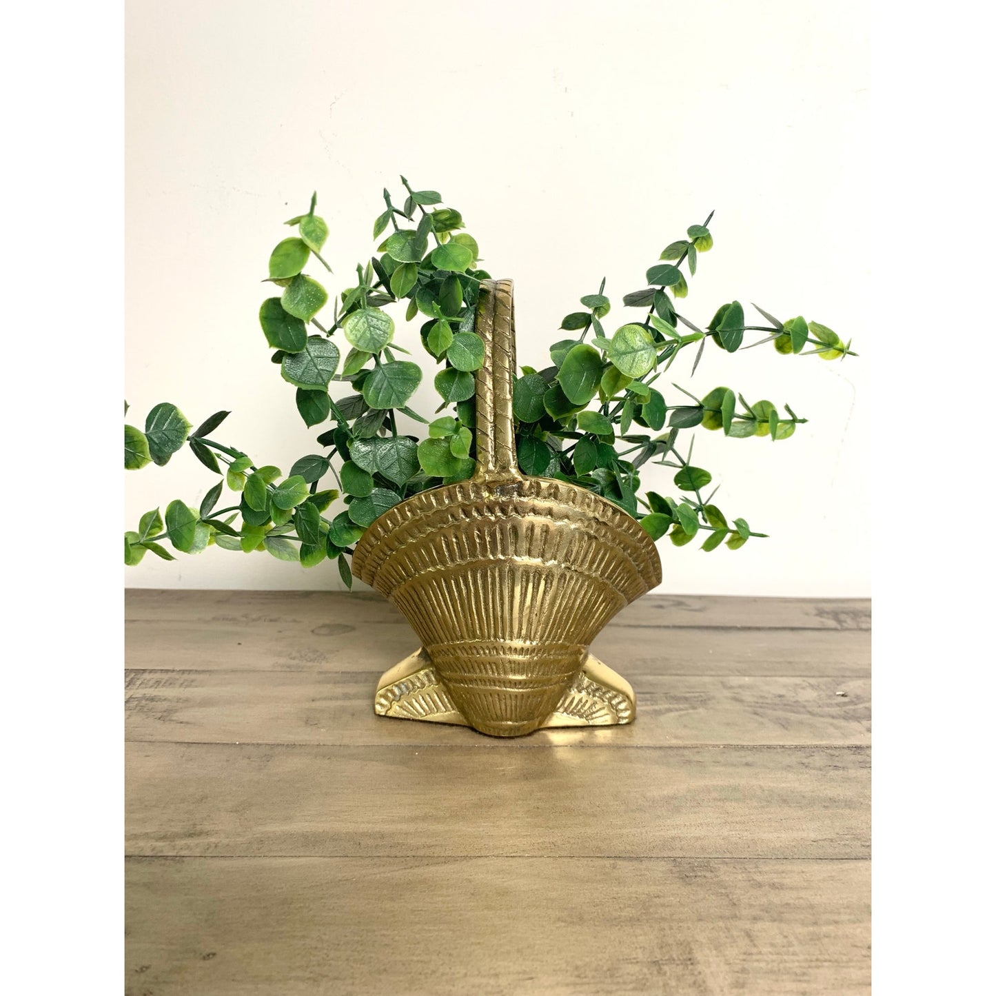 Vintage Solid Brass Seashell Basket Planter with Handle Heavy Coastal Nautical