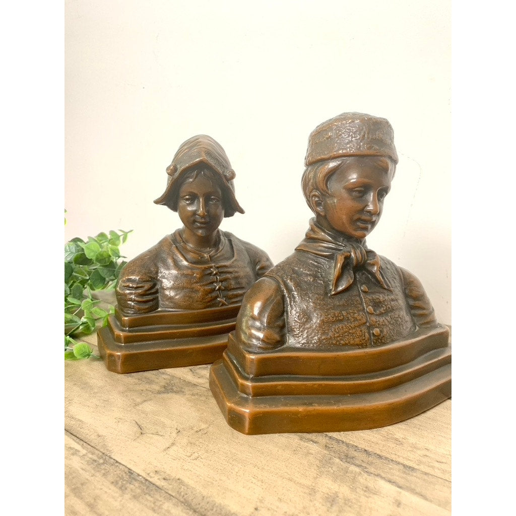 Antique Bronze Patina Dutch Couple Bookends – Folk Art Bust Pair